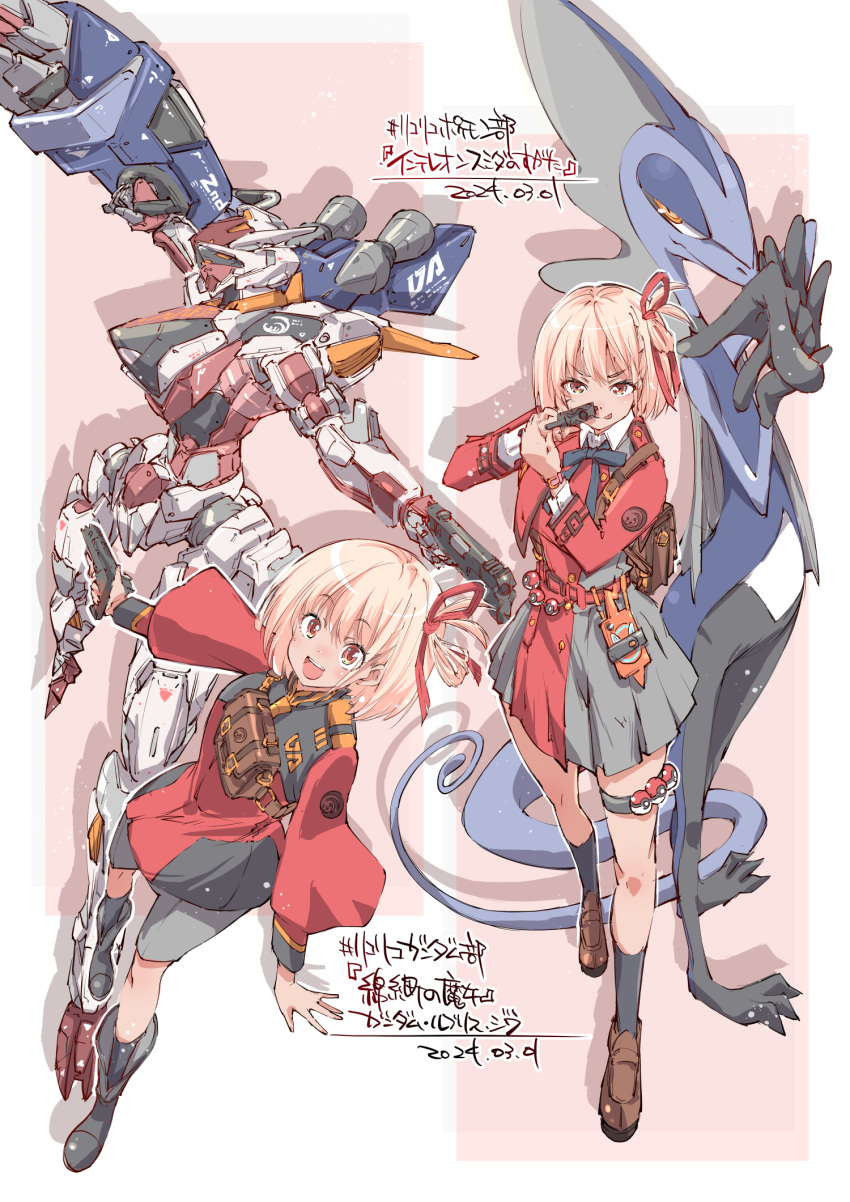 1girl aiming aiming_at_viewer alternate_costume asticassia_school_uniform bag blonde_hair crossover dated gun gundam gundam_suisei_no_majo hair_ribbon handgun highres holding holding_gun holding_weapon inteleon looking_at_viewer lycoris_recoil lycoris_uniform mecha medium_hair multiple_views nishikigi_chisato open_mouth orange_eyes pointing pointing_at_viewer poke_ball pokemon pokemon_(creature) ribbon robot rotom rotom_phone school_bag school_uniform shadow shoes simple_background skirt smile socks teeth tongue tongue_out trait_connection upper_teeth_only weapon yazawa_mana