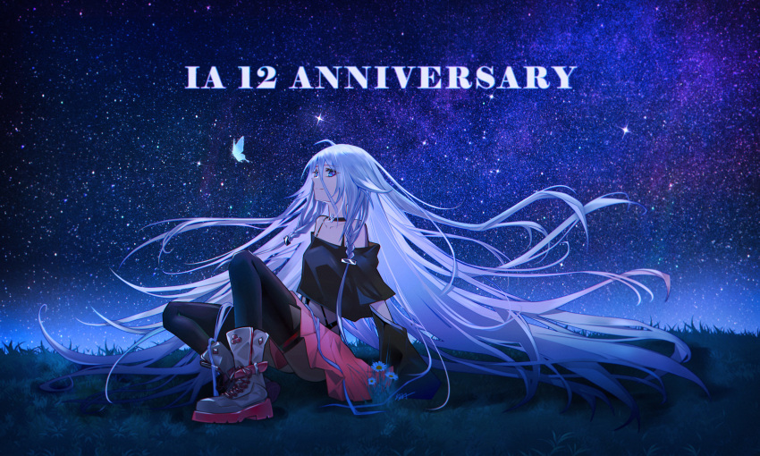 1girl ahoge anniversary black_choker black_shirt black_tank_top black_thighhighs blue_eyes blue_flower boots braid bug butterfly character_name choker english_text floating_hair flower full_body grass hair_between_eyes highres ia_(vocaloid) long_hair looking_to_the_side loose_clothes loose_shirt maboroshi_hane night pink_skirt pleated_skirt shirt sitting skirt sky solo sparkle star_(sky) starry_sky tank_top thighhighs twin_braids very_long_hair vocaloid white_footwear white_hair