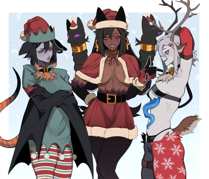 3girls absurdres animal_ears antlers arm_up ayana_(milkytiddyboy) bat_girl bell belt belt_collar black_belt black_ears black_hair black_panties black_pantyhose blue_background borrowed_character breasts capelet chest_mouth christmas collar colored_skin crossed_arms dark-skinned_female dark_skin deer_tail dog_ears english_commentary extra_mouth facial_mark fangs hand_on_own_hip hat highres horns large_breasts looking_ahead lowleg lowleg_pants medium_hair mimi_(milktiddyboy) monster_girl multiple_girls neck_bell no_bra no_shirt nyvee_(milkytiddyboy) open_mouth original panties pants pantyhose porqueloin purple_eyes purple_lips purple_skin red_capelet red_eyes red_skirt reindeer_antlers ribbon santa_hat simple_background skirt small_breasts snowing striped_clothes striped_pantyhose tail tongue tongue_out underwear white_hair winged_arms wings