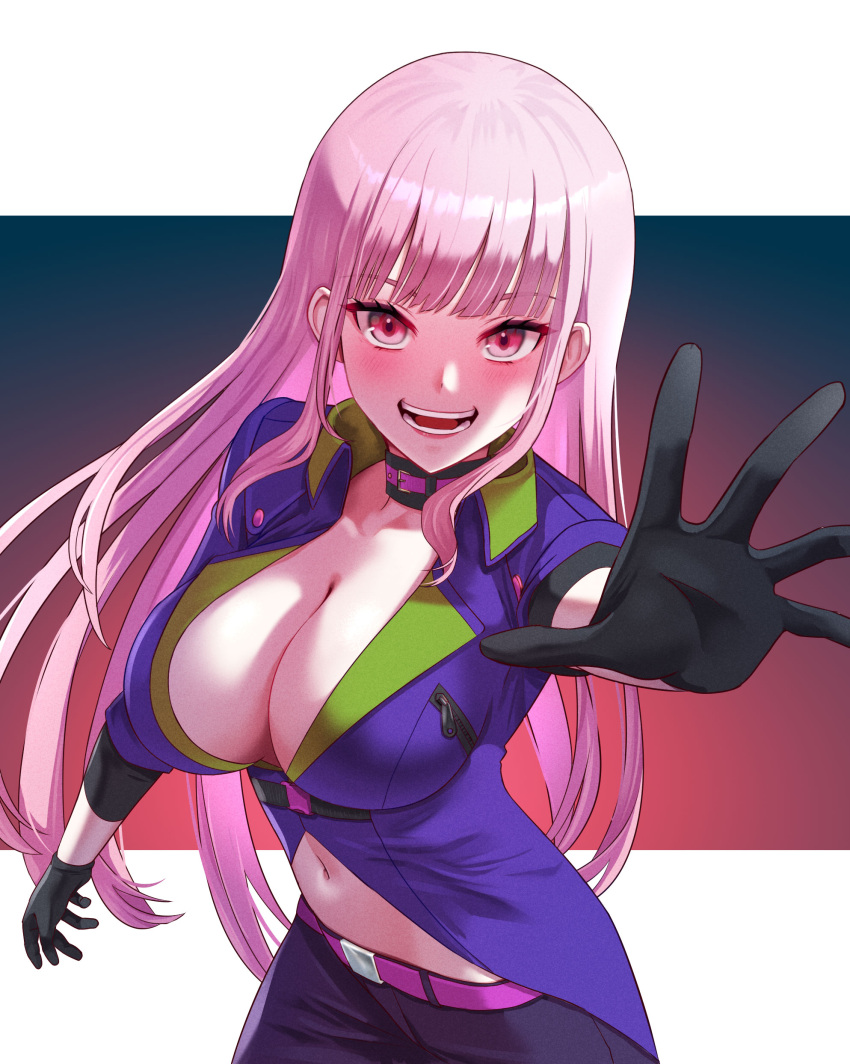 1girl absurdres ar-khey black_gloves blush breasts cleavage gloves highres large_breasts long_hair looking_at_viewer midriff mori_calliope navel pink_hair purple_shirt reaching reaching_towards_viewer red_eyes shirt smile solo suicide_squad_isekai teeth virtual_youtuber