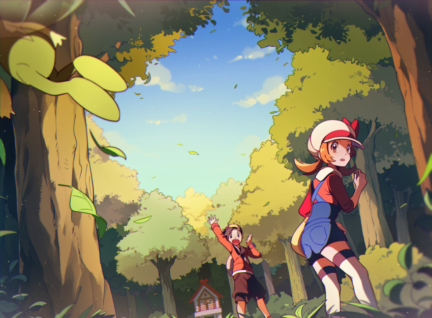 1boy 1girl backwards_hat black_hair blue_overalls blue_sky brown_hair cabbie_hat celebi ethan_(pokemon) falling_leaves forest grass hat highres ilex_forest leaf lyra_(pokemon) nature open_mouth outdoors overalls pokemon pokemon_(creature) pokemon_hgss red_shirt selyg15 shirt shorts shrine sky thighhighs tree twintails white_hat white_thighhighs yellow_hat