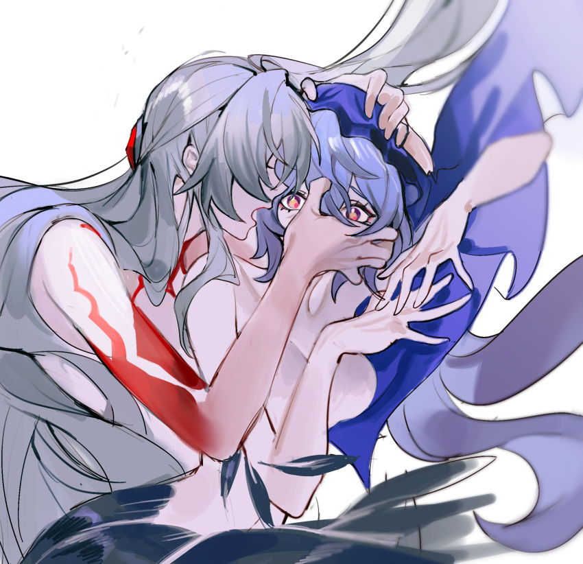 2girls acheron_(honkai:_star_rail) black_swan_(honkai:_star_rail) breasts closed_eyes commentary_request grey_hair highres honkai:_star_rail honkai_(series) long_hair looking_at_viewer medium_breasts mie_xing multiple_girls nude official_alternate_color open_mouth purple_hair red_eyes simple_background upper_body very_long_hair white_background yuri
