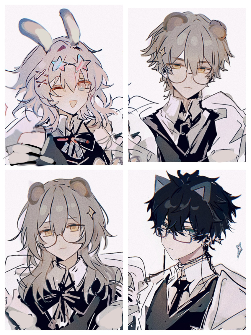 2boys 2girls :d animal_ears bear_boy bear_ears bear_girl black_hair black_necktie border caelus_(honkai:_star_rail) cat_boy closed_mouth dan_heng_(honkai:_star_rail) expressionless eyewear_on_head glasses grey_hair hair_between_eyes hair_ornament highres honkai:_star_rail honkai_(series) kemonomimi_mode long_hair long_sleeves looking_at_viewer march_7th_(honkai:_star_rail) mulihaohao multiple_boys multiple_girls necktie open_mouth rabbit_ears rabbit_girl shirt short_hair sidelocks smile star-shaped_eyewear star_(symbol) stelle_(honkai:_star_rail) trailblazer_(honkai:_star_rail) white_border white_shirt x_hair_ornament yellow_eyes