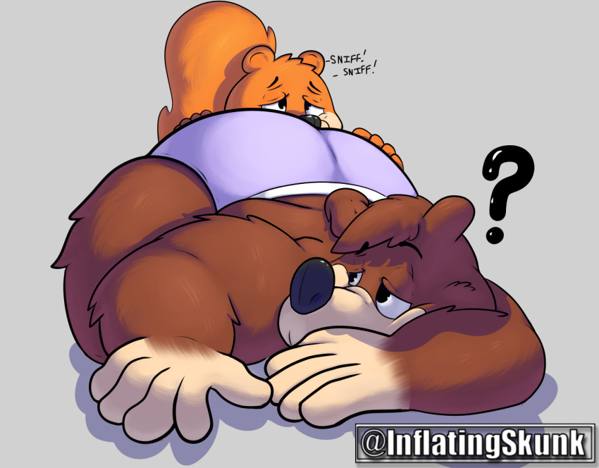 anthro banjo-kazooie banjo_(banjo-kazooie) bear big_butt brown_body brown_fur butt butt_sniffing clothed clothing conker conker's_bad_fur_day duo fluffy fluffy_tail fur hand_on_butt inflatingskunk looking_at_another looking_back looking_back_at_another lying male male/male mammal no_shirt on_front orange_body orange_fur overweight overweight_anthro overweight_male pantsless question_mark questionable_consent rareware rodent sciurid short_tail simple_background sniffing tail tree_squirrel underwear