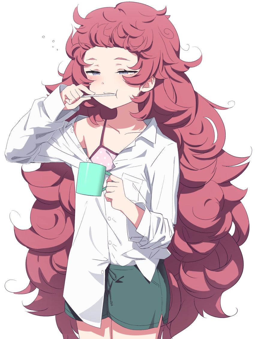 1girl :t blue_archive blush bra breast_pocket brushing_teeth buttons closed_mouth collarbone collared_shirt cowboy_shot csham cup dress_shirt green_shorts grey_eyes half-closed_eyes highres holding holding_cup iroha_(blue_archive) long_hair long_sleeves messy_hair mug off_shoulder open_clothes open_shirt partially_unbuttoned pink_bra pocket polka_dot polka_dot_bra purple_eyes red_hair shirt shirt_partially_tucked_in short_shorts shorts sidelocks simple_background single_bare_shoulder solo squeans underwear very_long_hair white_background white_shirt