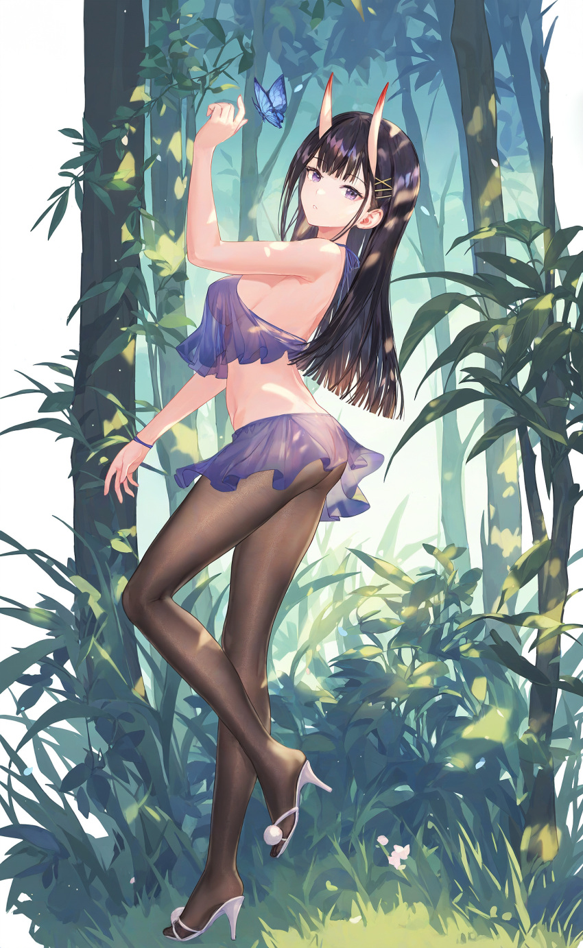 1girl ai-assisted ass azur_lane bare_arms bare_shoulders bikini bikini_skirt black_hair black_pantyhose blue_butterfly bracelet breasts brown_pantyhose bug butterfly crop_top crop_top_overhang forest from_side full_body hair_ornament hairclip high_heels highres horns jewelry large_breasts long_hair looking_at_viewer medium_breasts midriff miniskirt nature noshiro_(azur_lane) outdoors pantyhose purple_eyes see-through sideboob skirt solo standing standing_on_one_leg swimsuit urdha