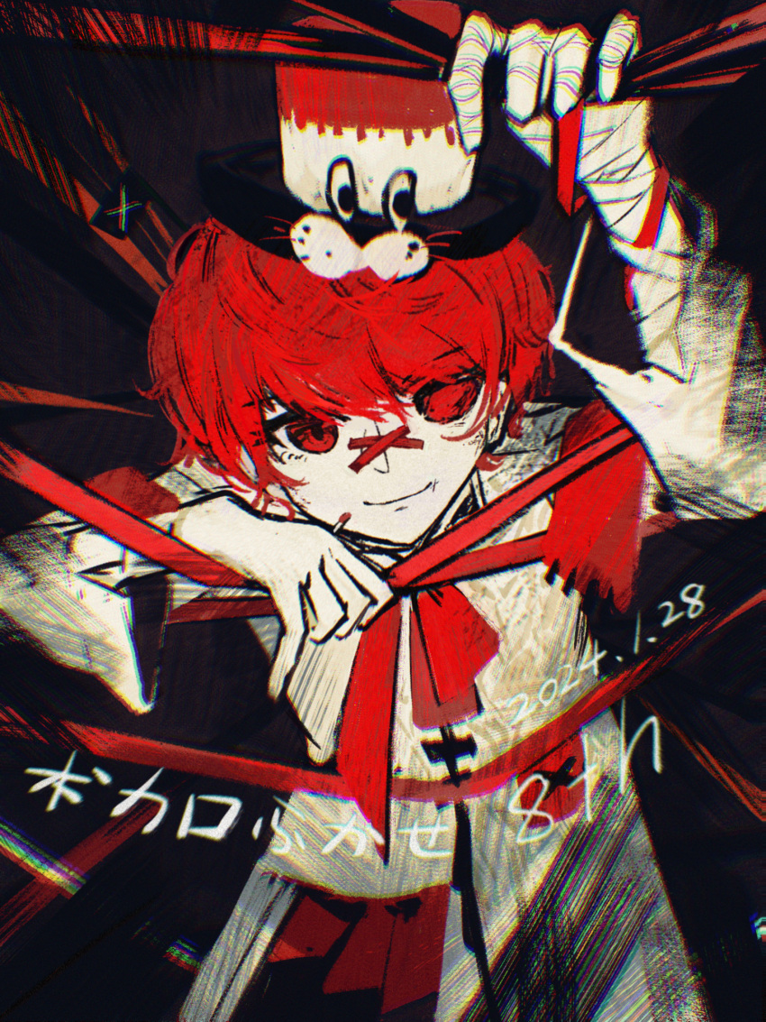 1boy asymmetrical_clothes asymmetrical_coat bandaid bandaid_on_face bandaid_on_nose closed_mouth coat colored_eyepatch dated english_text eyepatch fukase glitch hair_between_eyes hat highres holding limited_palette looking_at_viewer male_focus messy_hair pale_skin red_eyes red_hair ryuh_(asahina_neru) smile solo top_hat vocaloid white_coat