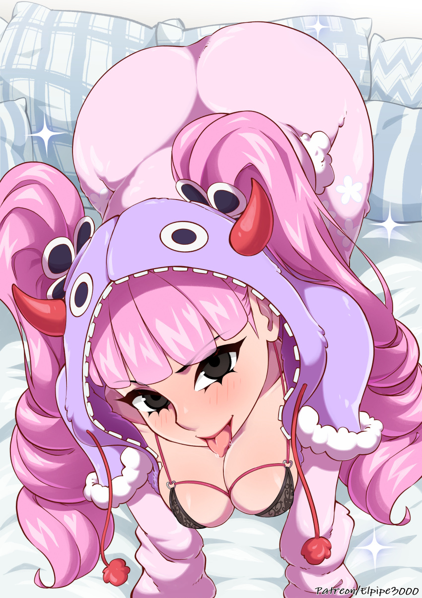 1girl absurdres all_fours artist_name black_eyes blush breasts commentary elpipe_3000 english_commentary fake_horns highres horned_headwear horns large_breasts long_hair looking_at_viewer one_piece pajamas patreon_username perona pink_hair pink_pajamas saliva solo sparkle tongue tongue_out twintails