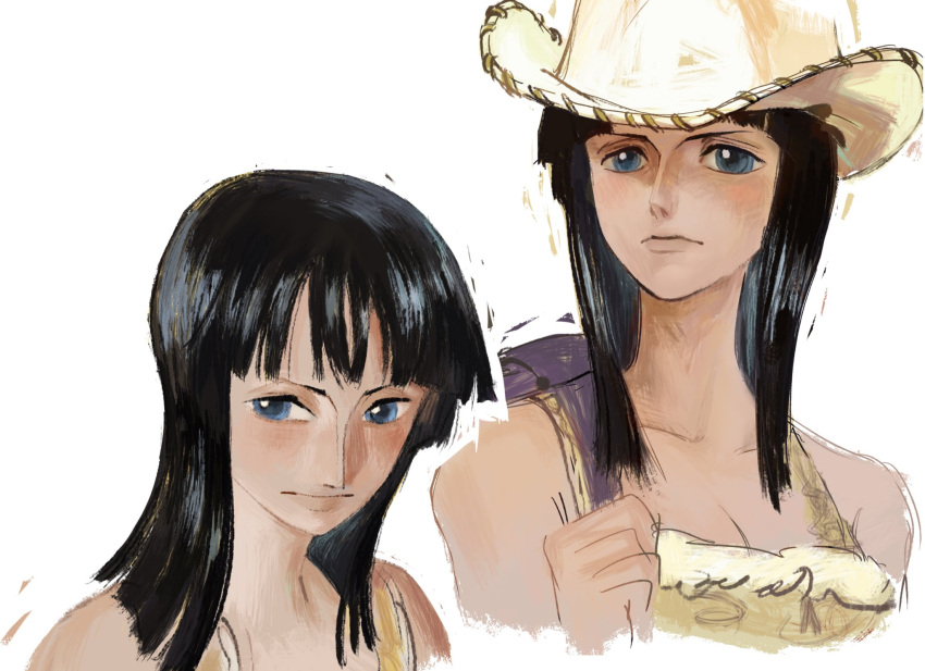 1girl bag black_hair blue_eyes blunt_bangs chinese_commentary close-up closed_mouth commentary_request cowboy_hat hat highres linerynlasgalen looking_to_the_side medium_hair multiple_views nico_robin one_piece purple_bag shirt shoulder_bag simple_background sleeveless sleeveless_shirt solo upper_body white_background white_hat yellow_shirt