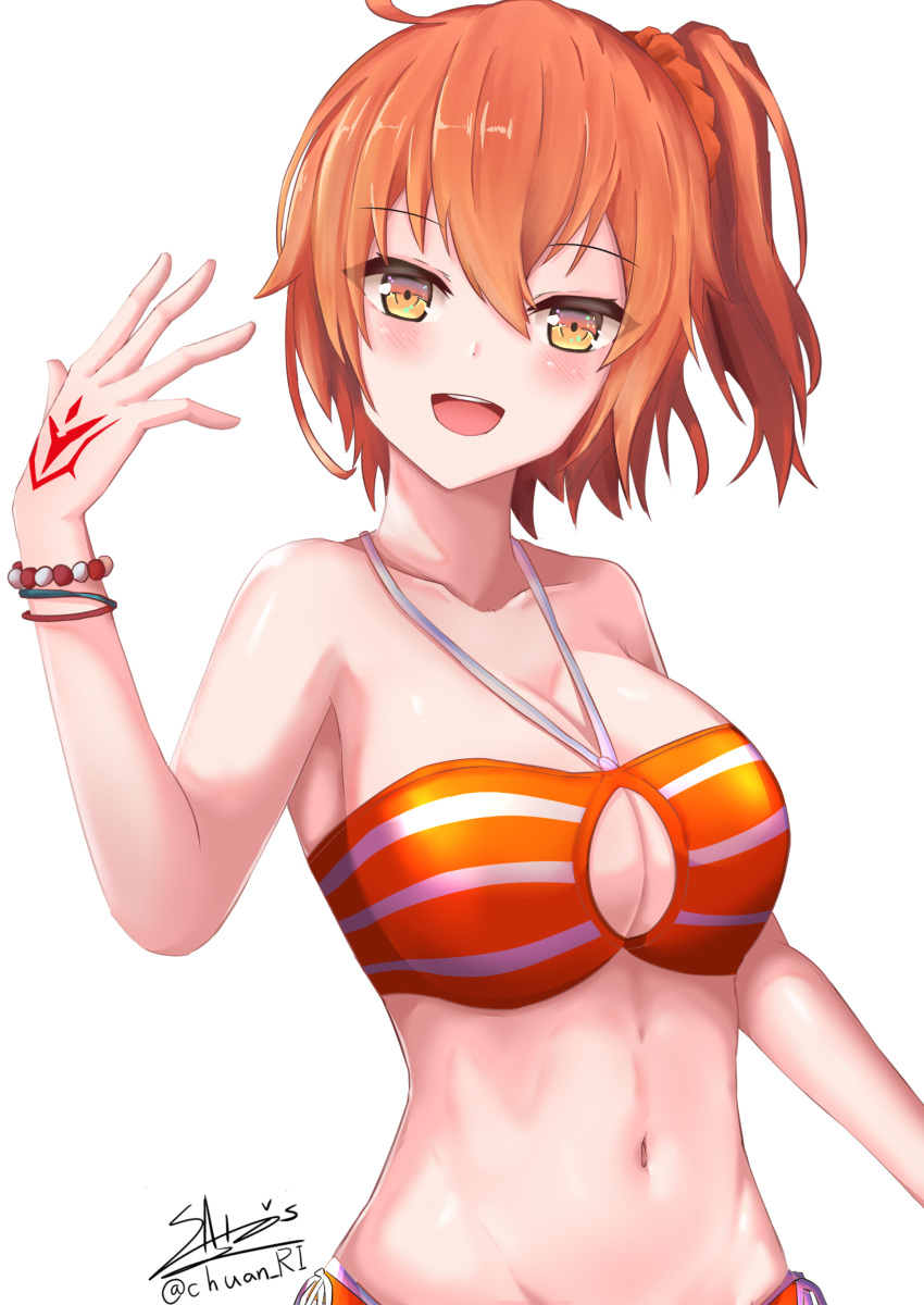 1girl :d absurdres ahoge bangs bare_arms bare_shoulders bead_bracelet beads bikini blush bracelet breasts cleavage cleavage_cutout collarbone eyebrows_visible_through_hair fate/grand_order fate_(series) fujimaru_ritsuka_(female) groin hair_between_eyes hair_ornament hair_scrunchie halter_top halterneck hand_up head_tilt highres ichikawayan jewelry large_breasts looking_at_viewer navel open_mouth orange_bikini orange_eyes orange_hair orange_scrunchie scrunchie short_hair side-tie_bikini side_ponytail signature simple_background smile solo stomach striped striped_bikini swimsuit tattoo twitter_username upper_body upper_teeth white_background