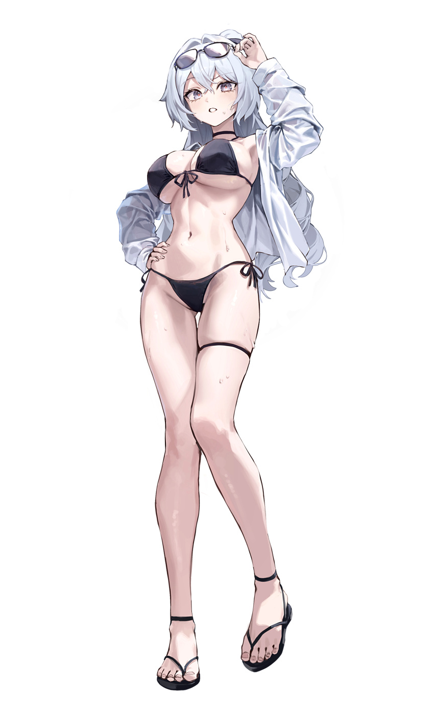 1girl absurdres alternate_costume arm_up bikini black_bikini black_footwear breasts bronya_zaychik crossed_bangs eyewear_on_head front-tie_bikini_top front-tie_top full_body grey_eyes grey_hair hair_between_eyes hand_on_own_hip highres honkai_(series) honkai_impact_3rd large_breasts looking_at_viewer open_clothes open_shirt sandals shirt side-tie_bikini_bottom simple_background solo soy_chicken standing swimsuit thigh_strap white_background white_shirt