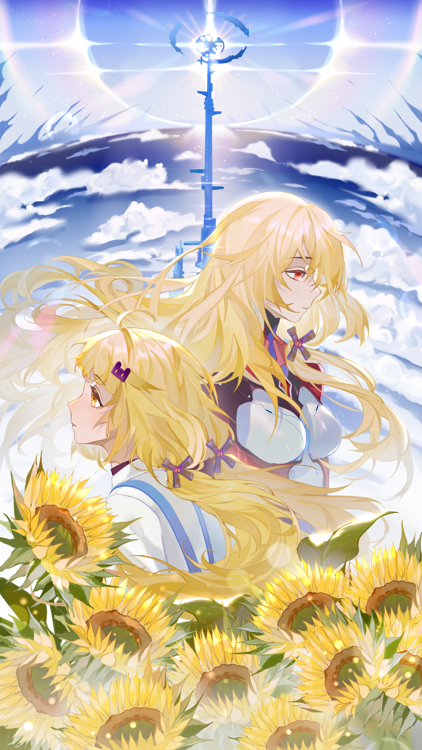 2girls absurdres ahoge blonde_hair bodysuit bow closed_mouth cloud english_commentary flower from_side hair_between_eyes hair_bow hair_ornament hairclip highres long_hair looking_ahead low_twintails multicolored_bodysuit multicolored_clothes multiple_girls neirdr1 nemesis_(tower_of_fantasy) orange_eyes overalls profile purple_bow red_eyes shirli_(tower_of_fantasy) shirt skin_tight striped_bow sunflower tower tower_of_fantasy twintails white_shirt