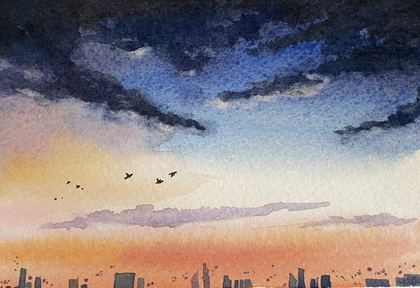 animal bird blue_sky city cloud cloudy_sky highres no_humans orange_sky original painting_(medium) shadow shibakaka sky sky_focus skyline sunset traditional_media watercolor_(medium)