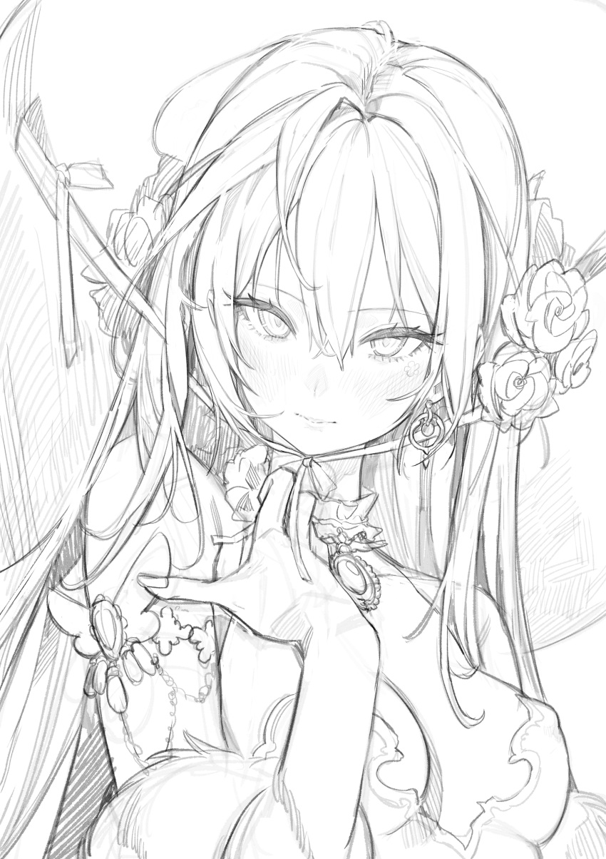 1girl absurdres armlet bare_shoulders breasts brooch character_request choker cleavage closed_mouth copyright_request detached_sleeves eyelashes fairy_wings fingernails flower freng frilled_choker frills greyscale hair_flower hair_ornament hair_ribbon hand_on_own_chest highres jewelry light_smile long_hair looking_at_viewer loose_hair_strand low_neckline medium_breasts monochrome ribbon rose short_sleeves simple_background sketch solo straight_hair upper_body white_background wings
