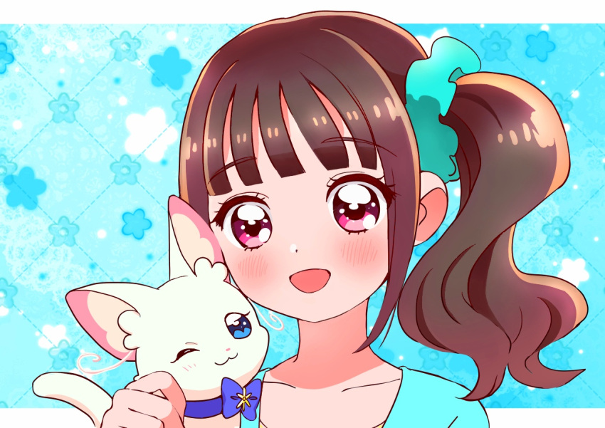 1girl animal aqua_scrunchie aqua_shirt brown_hair cat commentary hair_ornament hair_scrunchie holding holding_animal kyanos_(b_0000ff) looking_at_viewer medium_hair nekoyashiki_mayu nekoyashiki_yuki nekoyashiki_yuki_(cat) open_mouth precure purple_eyes scrunchie shirt side_ponytail smile solo wonderful_precure!