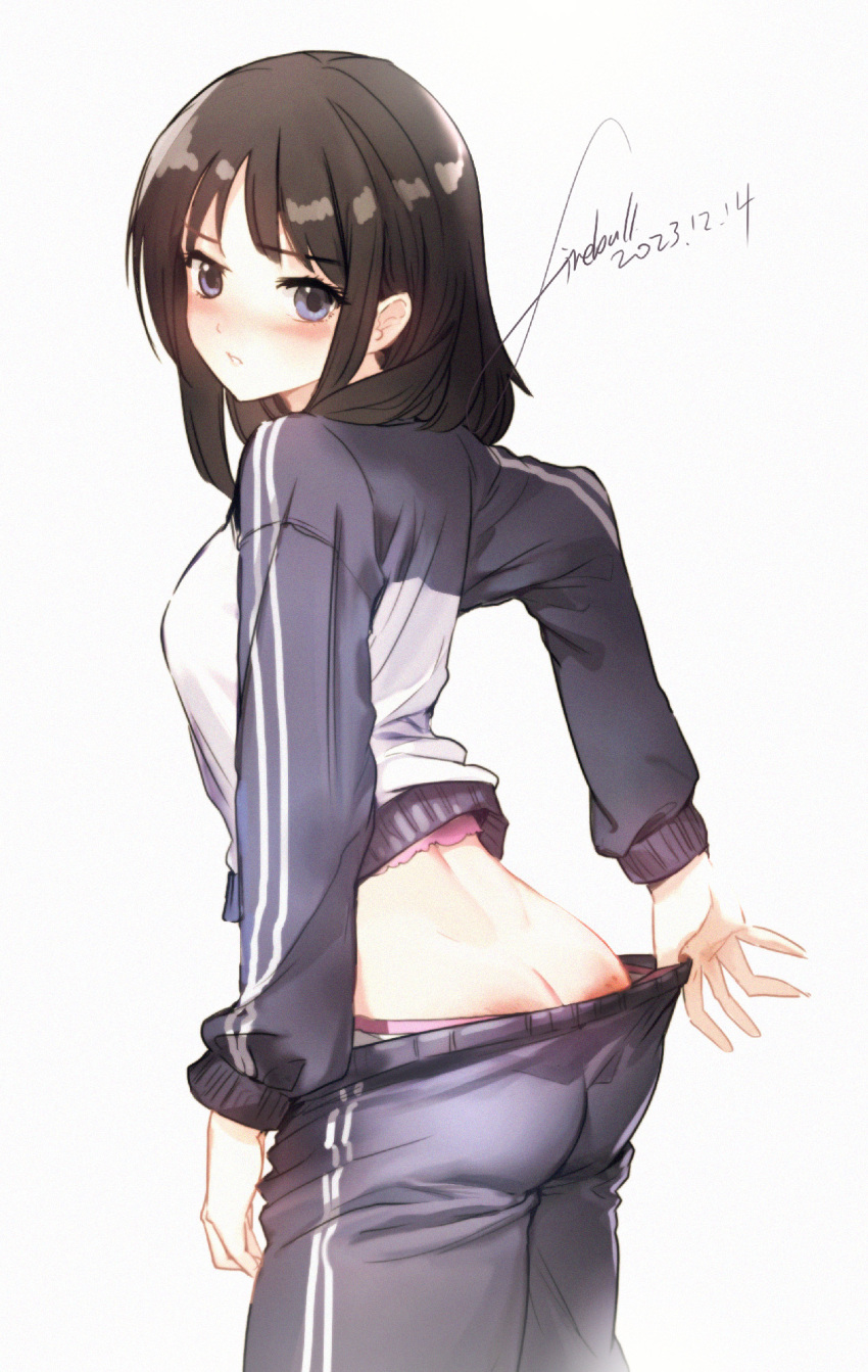 1girl artist_name ass blue_eyes blush brown_hair butt_crack clothes_pull dated fireball_666 highres jacket looking_at_viewer medium_hair open_mouth original panties pants pants_pull simple_background spanked track_jacket track_pants underwear white_background