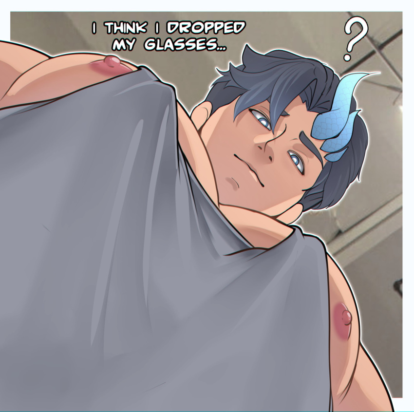 1boy ? bara blue_eyes blue_hair blue_horns closed_mouth english_text from_below grey_tank_top highres horns jeshiikun large_pectorals looking_at_viewer male_focus meme muscular muscular_male nipple_slip nipples original pectorals short_hair single_horn solo tank_top yur_oc_like_this_(meme)