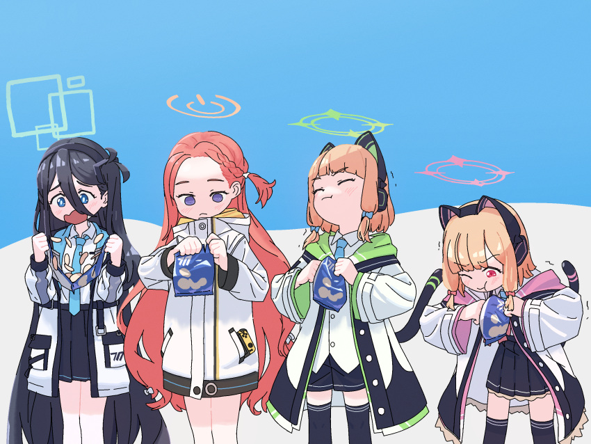4girls :&lt; :t animal_ear_headphones animal_ears aris_(blue_archive) bag_of_chips black_hair black_hairband black_shorts black_skirt black_thighhighs blonde_hair blue_archive blue_background blue_bow blue_eyes blunt_bangs blush bow braid cat_ear_headphones cat_tail chips_(food) closed_mouth coat collared_shirt commentary_request dress_shirt failure fake_animal_ears feet_out_of_frame food forehead game_development_department_(blue_archive) green_hood hair_between_eyes hair_bow hairband halo handheld_game_console headphones highres hood hood_down hooded_coat jacket lineup long_hair long_sleeves low-tied_sidelocks midori_(blue_archive) momoi_(blue_archive) multiple_girls multiple_hair_bows nintendo_switch object_in_pocket one_side_up open_clothes open_coat open_jacket opening pink_bow pleated_skirt potato_chips purple_eyes red_eyes red_hair ringed_eyes shimotsu. shirt shorts side_braid simple_background skirt standing tail thighhighs trembling two-tone_background v-shaped_eyebrows very_long_hair white_background white_coat white_jacket white_shirt yuzu_(blue_archive)