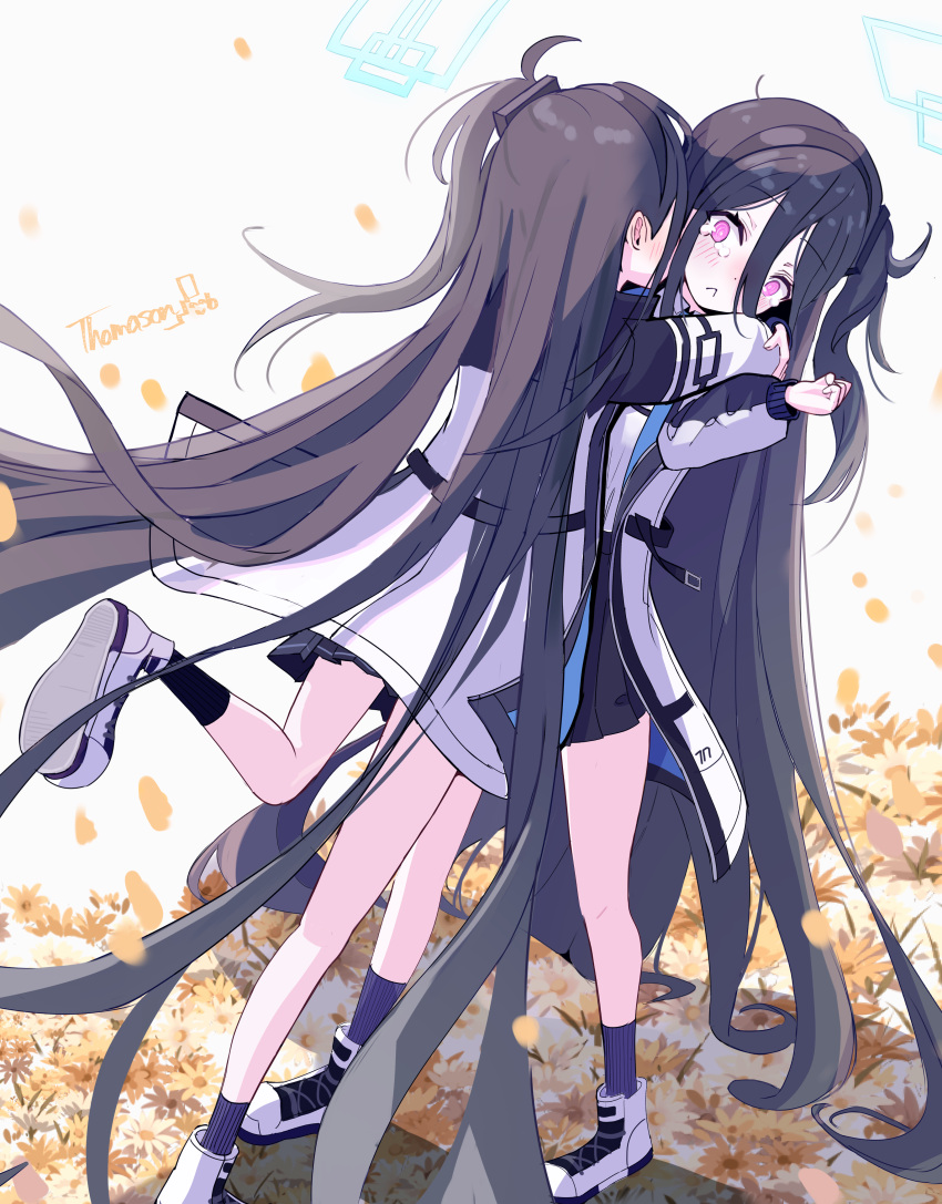 &lt;key&gt;_(blue_archive) 2girls absurdly_long_hair absurdres aris_(blue_archive) black_hair black_skirt black_socks blue_archive blue_halo blush closed_mouth halo highres jacket long_hair long_sleeves multiple_girls open_clothes open_jacket pink_eyes pleated_skirt shoes signature skirt socks thomason366 very_long_hair white_footwear white_jacket