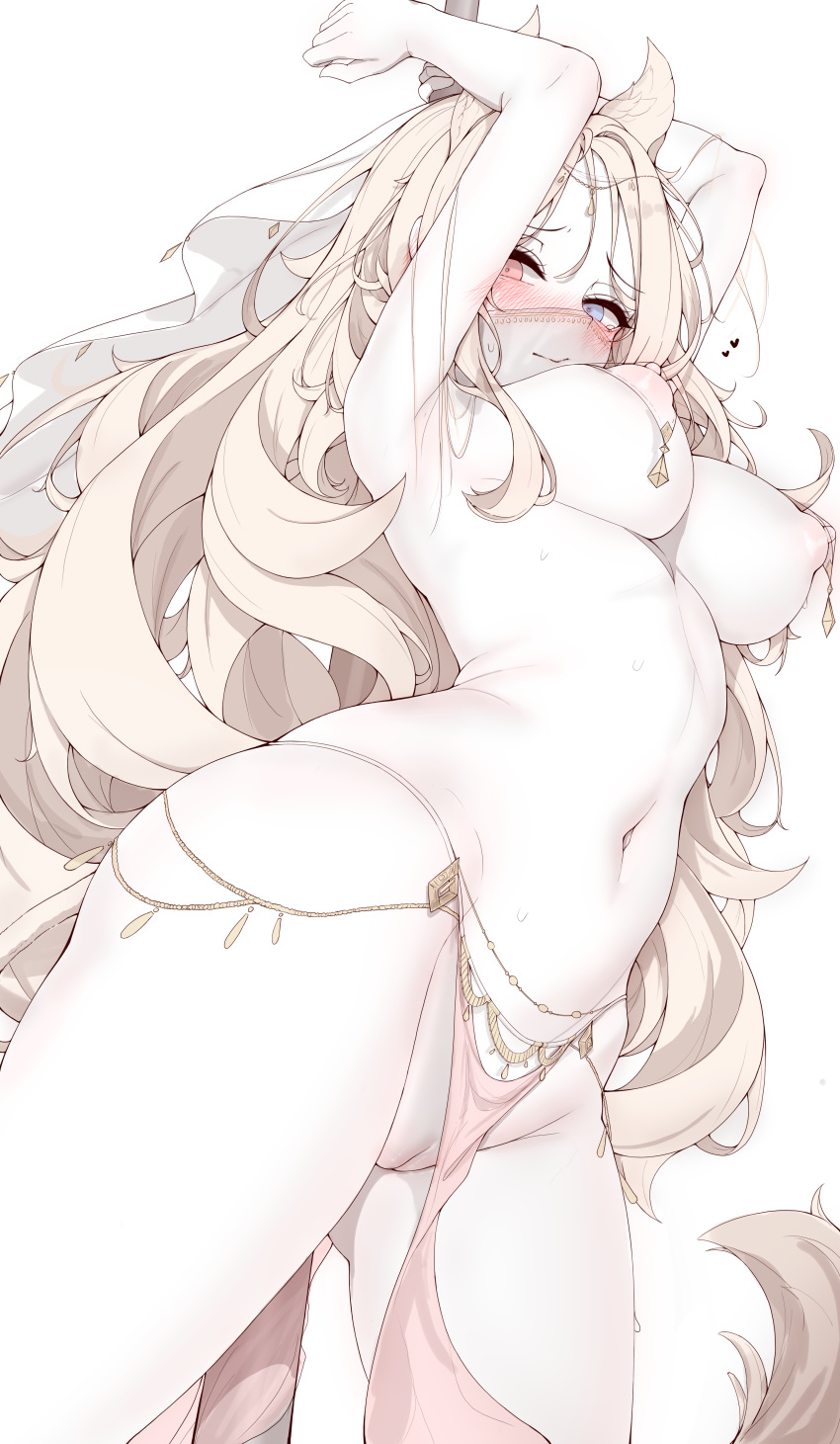 1girl absurdres animal_ears archetto_(arknights) arknights arms_up blonde_hair blue_eyes blush breast_curtains breasts cleft_of_venus closed_mouth commentary_request from_above heart heterochromia highres korean_commentary large_breasts lilac_(k32420276) long_hair looking_at_viewer mouth_veil navel nipples orange_eyes pelvic_curtain pussy simple_background solo stomach tail tearing_up veil very_long_hair white_background