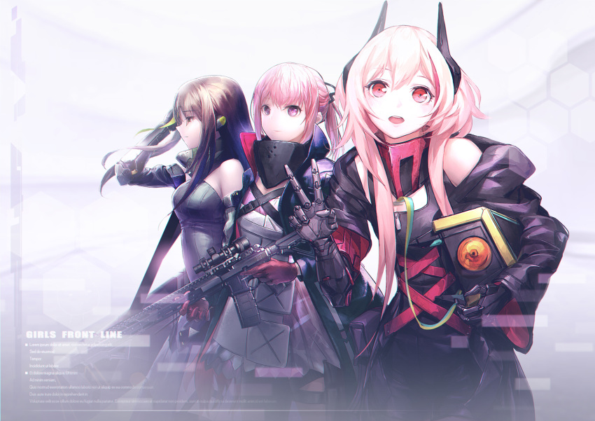 3girls ar-15 banana_(girls'_frontline) brown_hair closed_mouth copyright_name girls'_frontline gloves gun headgear highres holding holding_gun holding_weapon long_hair looking_at_viewer m4_sopmod_ii_(girls'_frontline) m4_sopmod_ii_(mod3)_(girls'_frontline) m4a1_(girls'_frontline) m4a1_(mod3)_(girls'_frontline) mechanical_arms multiple_girls open_mouth pink_hair purple_eyes purple_gloves red_eyes rifle robot scope shou_xian_wu st_ar-15_(girls'_frontline) st_ar-15_(mod3)_(girls'_frontline) teeth upper_teeth_only v weapon