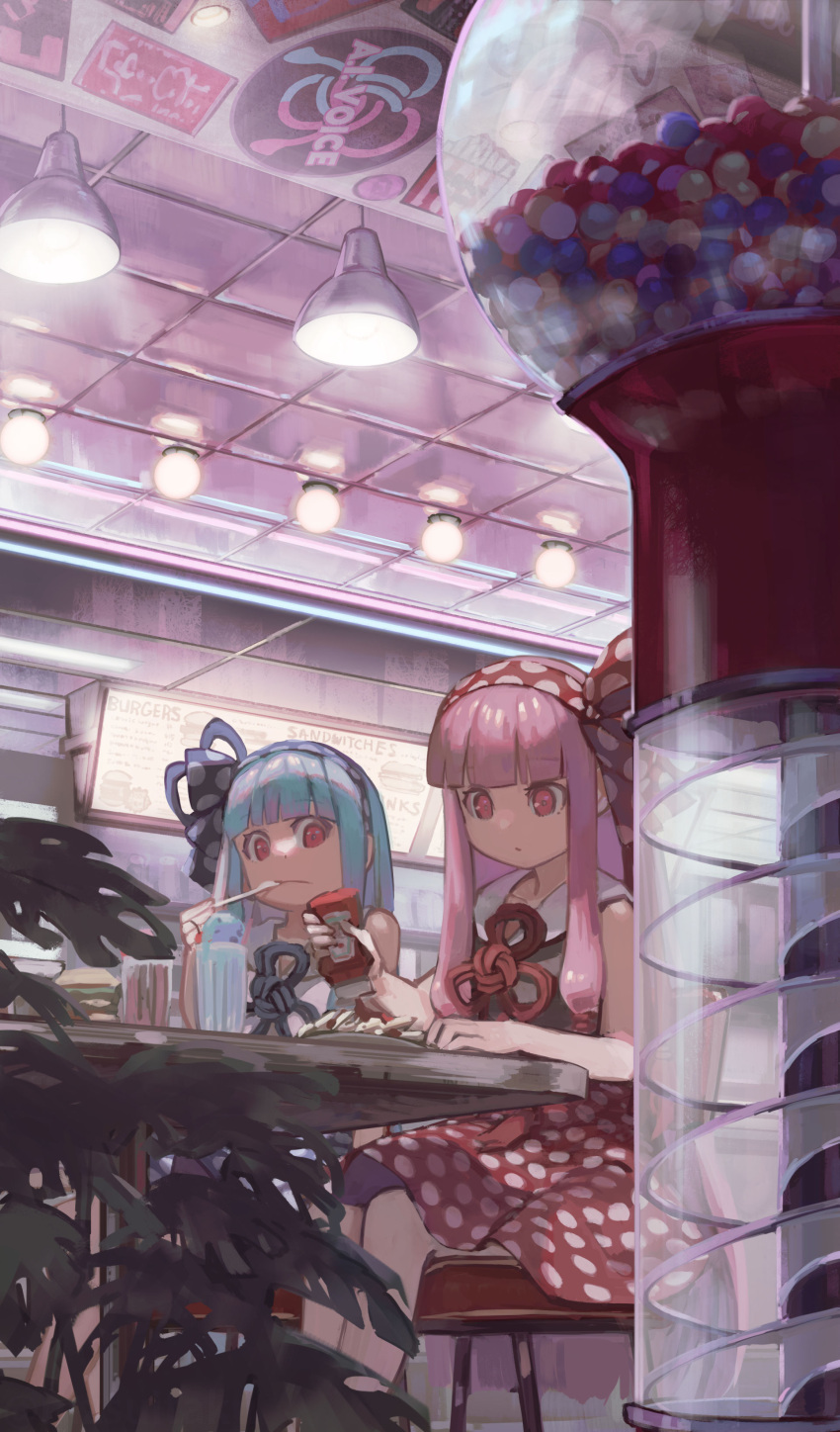 2girls a.i._voice absurdres black_shirt blue_hair blue_hairband blue_ribbon blunt_bangs bottle ceiling_light collared_shirt diner gumball_machine hair_ribbon hairband highres holding holding_bottle holding_spoon ice_cream_spoon indoors ketchup_bottle kotonoha_akane kotonoha_aoi kyo_mizusawa long_hair looking_at_food low-tied_sidelocks multiple_girls neck_ribbon on_chair parfait peter_pan_collar pink_hair plant polka_dot polka_dot_hairband polka_dot_ribbon polka_dot_skirt red_eyes red_hairband red_ribbon red_skirt ribbon shirt siblings side-by-side sidelocks sisters sitting skirt sleeveless sleeveless_shirt spoon table voiceroid