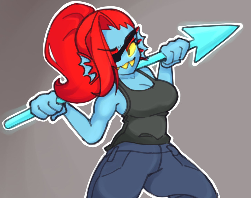 animal_humanoid aquelelazy blue_body blue_skin breasts cleavage clothed clothing female fish fish_humanoid frill_(anatomy) hair humanoid long_hair marine marine_humanoid melee_weapon polearm red_hair simple_background solo spear teeth undertale_(series) undyne weapon