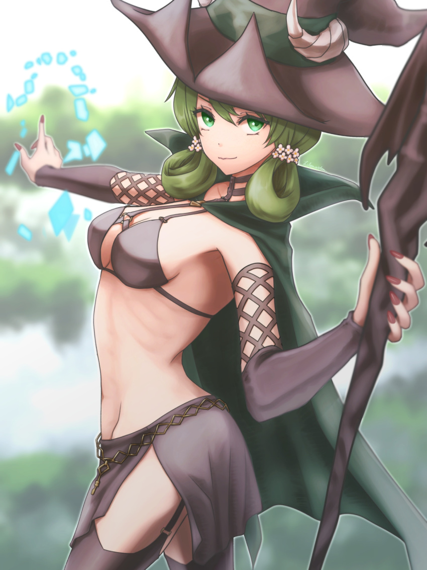 1girl breasts cleavage cloak eyelashes fake_horns from_side green_cloak green_eyes green_hair hat highres holding holding_staff horned_headwear horns kawasumi_mahiro long_hair looking_at_viewer magic medium_breasts navel red_nails side_slit skirt smile solo staff thighhighs unicorn_overlord upper_body witch_hat yahna