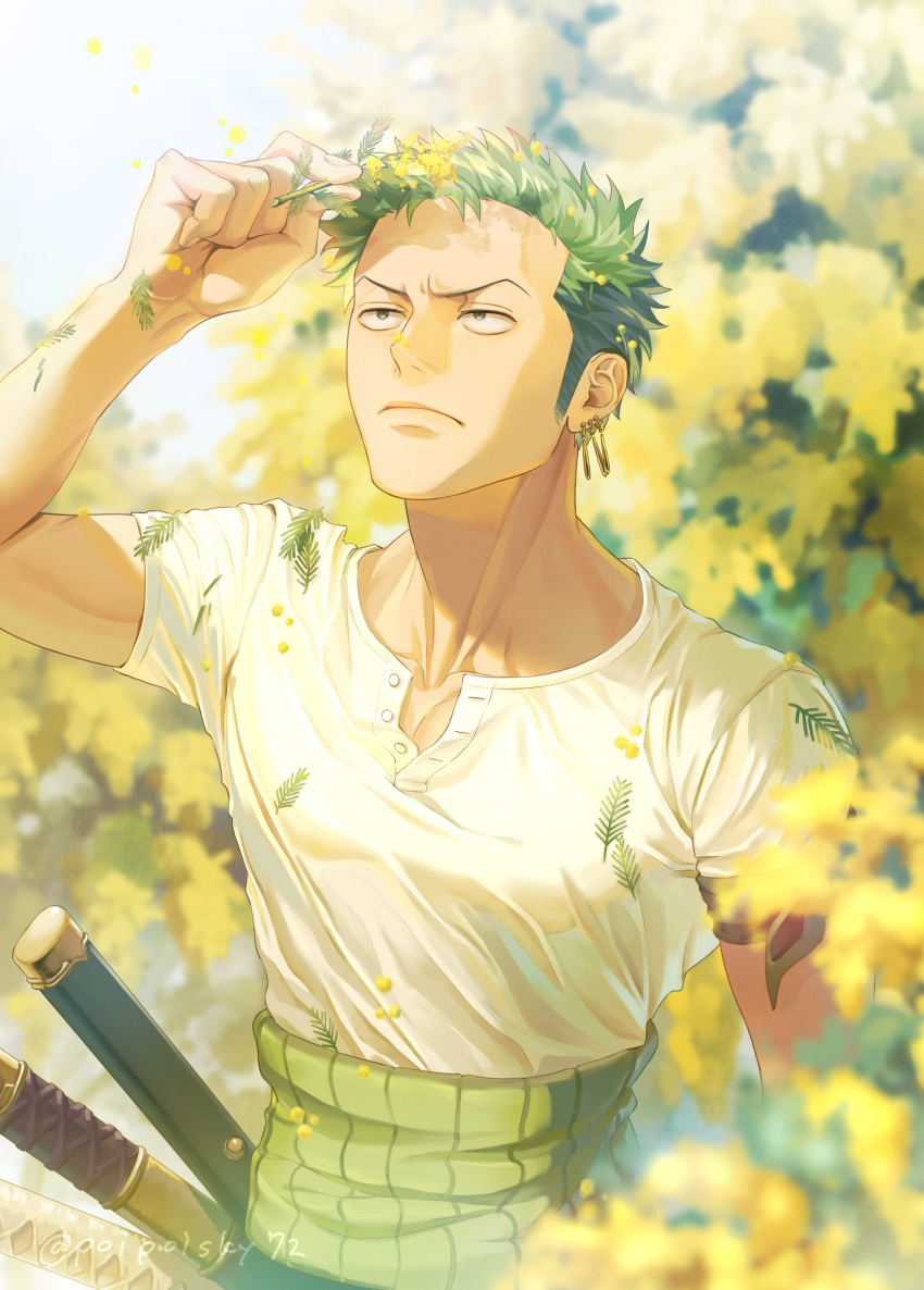 1boy absurdres blurry blurry_background closed_mouth depth_of_field earrings flower green_hair highres holding holding_plant jewelry light_frown looking_up male_focus plant poipoisky72 roronoa_zoro shirt short_sleeves solo spring_(season) sword weapon white_shirt yellow_flower
