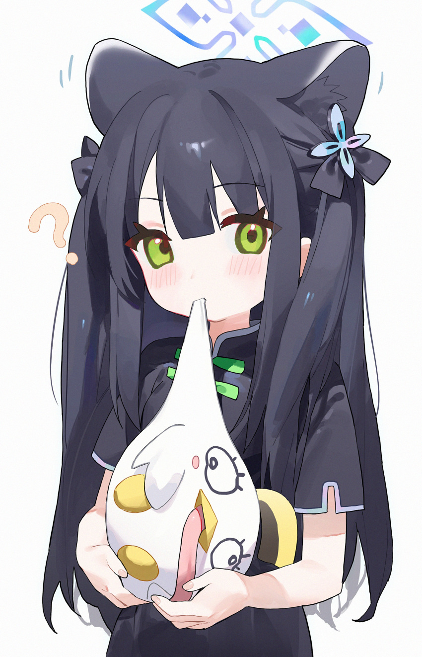 1girl absurdres animal_ears black_dress black_hair blue_archive blue_halo chinese_clothes dress extra_ears green_eyes halo highres long_hair looking_at_viewer measho peroro_(blue_archive) short_sleeves shun_(blue_archive) shun_(small)_(blue_archive) simple_background solo twintails upper_body white_background