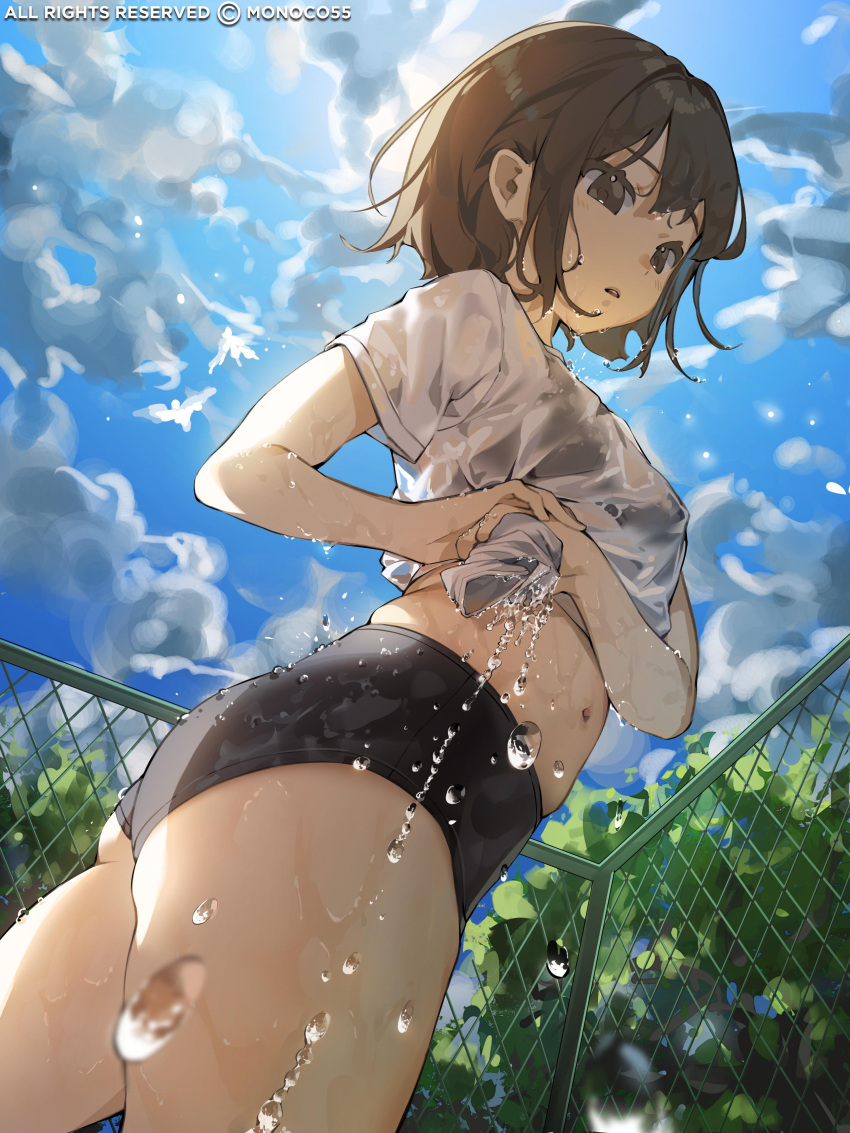 1girl absurdres ass black_buruma blue_sky bra_visible_through_clothes brown_eyes brown_hair buruma chain-link_fence cloud cloudy_sky cowboy_shot day dripping dutch_angle fence from_below from_side hair_between_eyes highres looking_at_viewer looking_down midriff monosucre navel original outdoors parted_lips shirt short_hair skindentation sky solo sun sunlight t-shirt thick_thighs thighs tree water water_drop wet wet_buruma wet_clothes wet_shirt white_shirt wringing_clothes