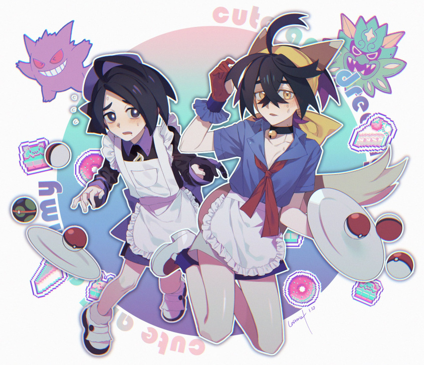 2boys allister_(pokemon) animal_ears apron bell black_choker black_gloves black_hair blue_shirt cake choker crossed_bangs doughnut dusk_ball fake_animal_ears fake_tail flying_sweatdrops food frilled_apron frills full_body gengar gloves hairband hat highres holding kieran_(pokemon) long_sleeves looking_at_viewer lostoria_sv male_focus mole mole_under_mouth multicolored_hair multiple_boys neck_bell open_mouth orange_eyes otoko_no_ko parted_lips partially_fingerless_gloves poke_ball poke_ball_(basic) pokemon pokemon_sv pokemon_swsh purple_hair purple_hat red_gloves shirt shoes short_sleeves shorts single_glove tail tray waist_apron white_apron