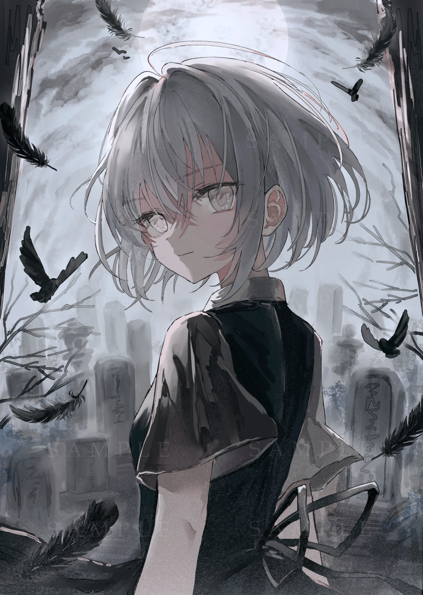 1girl :| absurdres bare_tree bird black_ribbon black_shirt closed_mouth cloud cloudy_sky collared_shirt crow expressionless falling_feathers feathers from_behind full_moon grave graveyard grey_eyes grey_hair hair_between_eyes hair_intakes highres kumagai_yuka looking_at_viewer medium_hair moon night original ribbon sample_watermark shirt sky solo tombstone tree upper_body watermark wide_sleeves