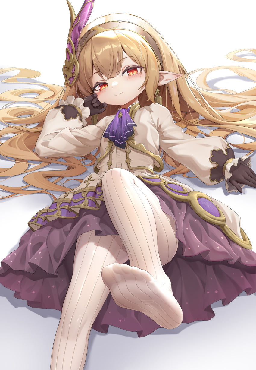 1girl absurdres ascot black_gloves blush brown_hair brown_hairband dress earrings feet foot_focus fujiko_sugi gloves granblue_fantasy granblue_fantasy:_relink hair_ornament hairband harvin highres jewelry long_hair looking_at_viewer maglielle_(granblue_fantasy:_relink) no_shoes pantyhose petite pointy_ears princess_dress red_eyes simple_background smile socks soles solo striped_clothes striped_socks thighs toes very_long_hair white_dress white_pantyhose white_socks