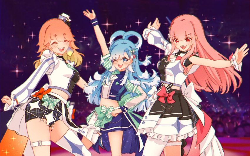 3girls blue_eyes blue_hair blush bow bow_skirt closed_eyes earrings feather_earrings feathers glowstick gradient_hair hair_ornament highres hololive hololive_english hololive_idol_uniform hololive_indonesia holostars holostars_english hyurisaki idol idol_clothes jewelry kobo_kanaeru layered_skirt long_hair looking_at_viewer mori_calliope multicolored_hair multiple_girls official_alternate_costume one_eye_closed open_mouth orange_hair pink_hair red_eyes skirt smile stage takanashi_kiara thigh_strap virtual_youtuber