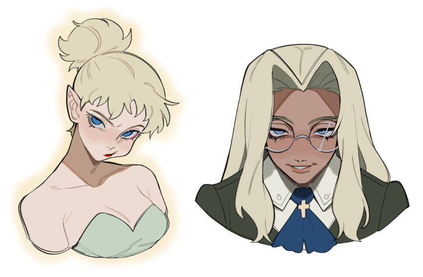 2girls ascot black_jacket blue_ascot blue_eyes close-up dark-skinned_female dark_skin glasses green_leotard hair_bun hair_pulled_back head_tilt highres integra_hellsing jacket leotard looking_ahead looking_at_viewer multiple_girls parted_lips peter_pan_(disney) pointy_ears porqueloin portrait pout red_lips round_eyewear shirt simple_background strapless strapless_leotard suit_jacket teeth tinker_bell_(disney) white_background white_shirt