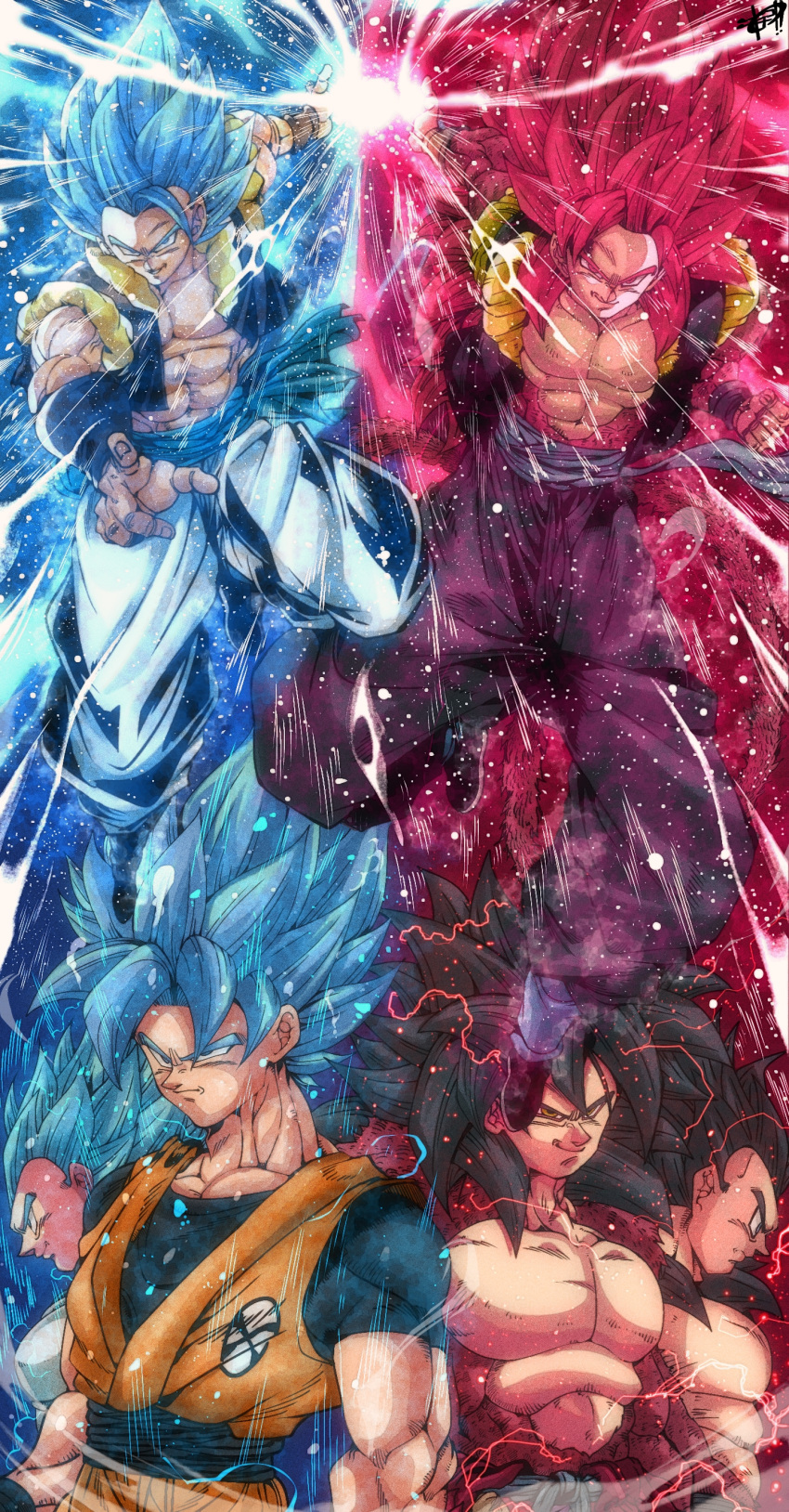 6+boys abs absurdres black_hair black_vest blue_eyes blue_hair commentary cropped_vest dougi dragon_ball dragon_ball_gt dragon_ball_heroes dragon_ball_super dual_persona gogeta gogeta_(xeno) highres kinakomochi_(user_vedc2333) male_focus medium_hair metamoran_vest monkey_tail multiple_boys muscular muscular_male pants pectorals red_fur red_hair smug son_goku son_goku_(xeno) spiked_hair super_full_power_saiyan_4_limit_breaker super_saiyan super_saiyan_4 super_saiyan_blue tail vegeta vegeta_(xeno) vest white_pants yellow_eyes