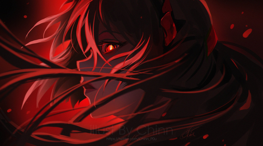 1girl absurdres acheron_(honkai:_star_rail) chinnpou commentary highres honkai:_star_rail honkai_(series) long_hair looking_at_viewer red_eyes red_lips red_theme solo