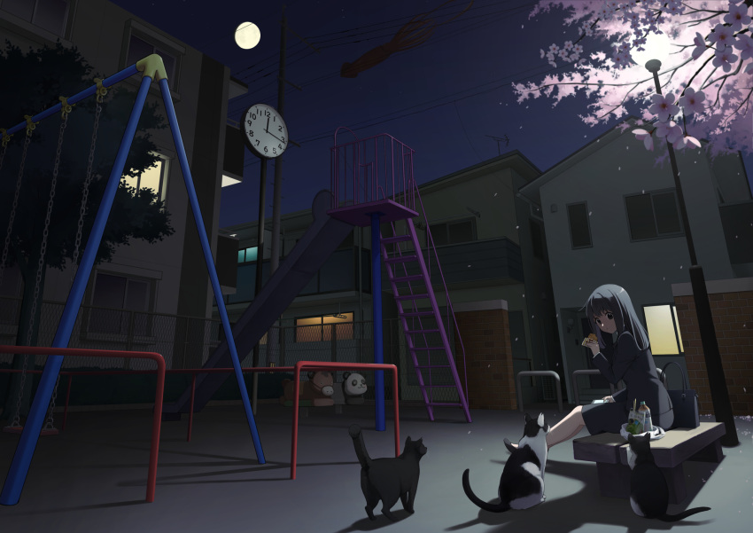 1girl asuka_gin bag bench black_cat black_eyes black_hair black_skirt bottle building cat cherry_blossoms clock commentary_request dark eating falling_petals food full_moon highres holding house lamppost long_hair long_sleeves moon night night_sky original outdoors park park_bench petals power_lines railing scenery school_bag school_uniform sitting skirt sky socks solo stairs star_(sky) swing_set tree utility_pole window