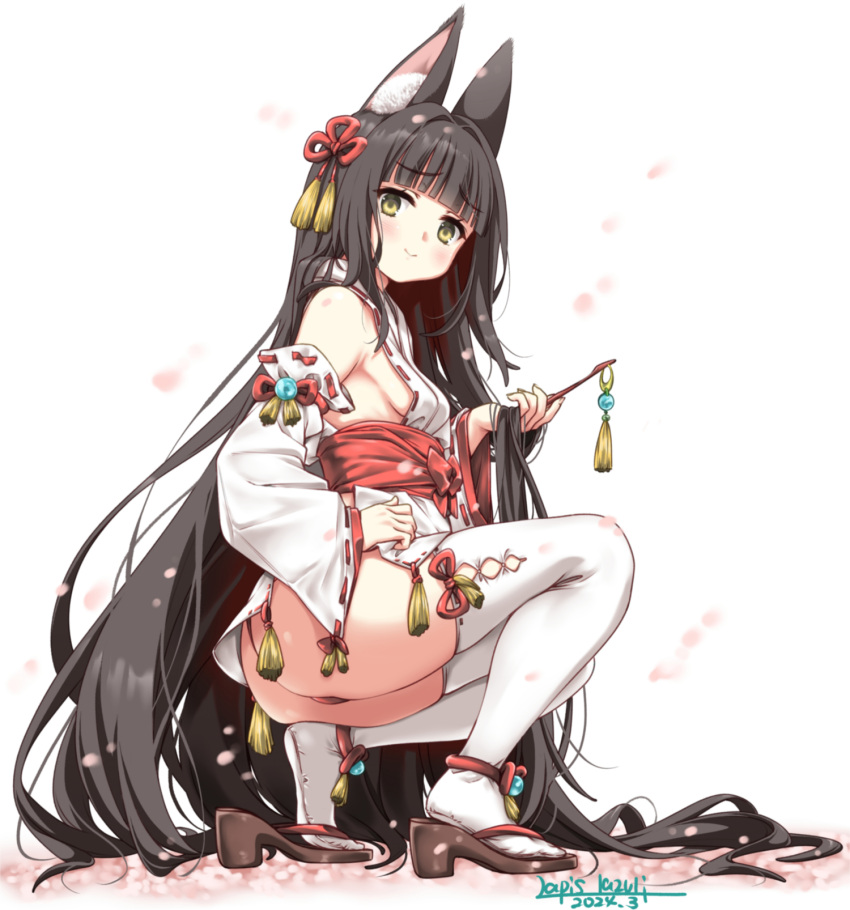 1girl animal_ear_fluff animal_ears ass azur_lane black_hair blunt_bangs breasts brown_eyes commentary_request detached_sleeves fox_ears fox_girl from_side hair_ornament highres holding_own_hair japanese_clothes kimono long_hair looking_at_viewer nagato_(azur_lane) obi panties red_panties sandals sash short_kimono sideboob small_breasts smile solo squatting thighhighs thighs umyonge_(lkakeu) underwear very_long_hair white_kimono white_sleeves white_thighhighs