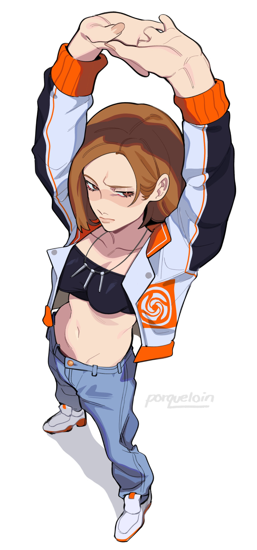 1girl absurdres alternate_costume arms_up artist_name black_tube_top blue_pants brown_eyes brown_hair casual closed_mouth denim from_above highres jacket jeans jewelry jujutsu_kaisen kugisaki_nobara medium_hair midriff navel necklace open_clothes open_jacket orange_jacket own_hands_together pants porqueloin shoes sideways_glance simple_background sneakers solo straight_hair strapless stretching tube_top white_background white_footwear white_jacket