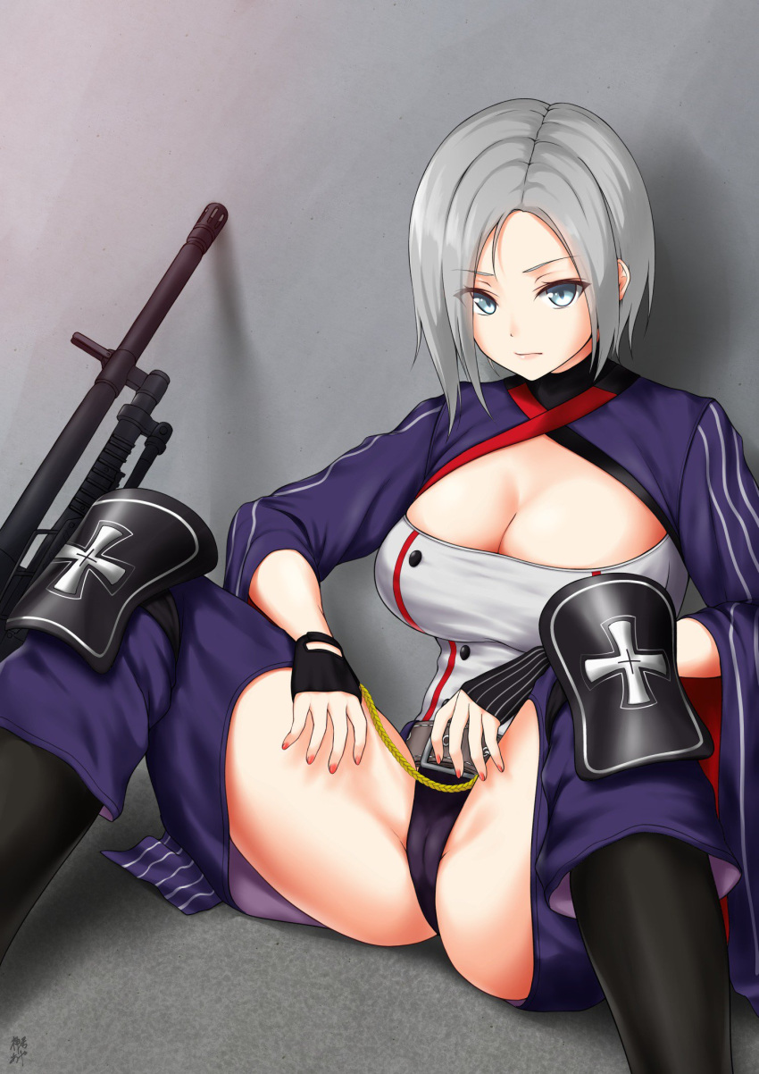 1girl breasts cameltoe cleavage expressionless fingerless_gloves girls'_frontline gloves grey_eyes grey_hair gun h&amp;k_mg5 highres kamui_aya knee_pads large_breasts looking_at_viewer machine_gun mg5_(girls'_frontline) pink_nails short_hair simple_background sitting solo spread_legs weapon