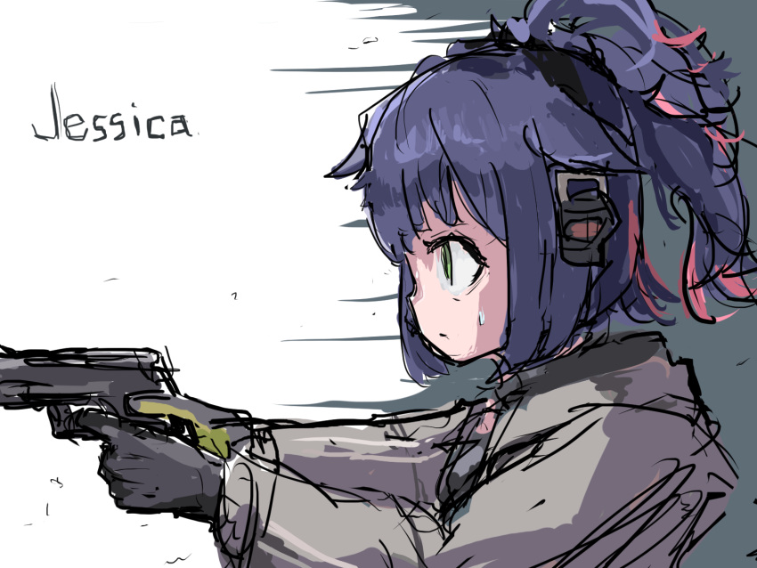 1girl arknights character_name closed_mouth ear_protection from_side green_eyes grey_jacket gun handgun highres holding holding_gun holding_weapon jacket jessica_(arknights) looking_ahead ponytail sketch small_sweatdrop solo translation_request upper_body user_mvyy7457 weapon