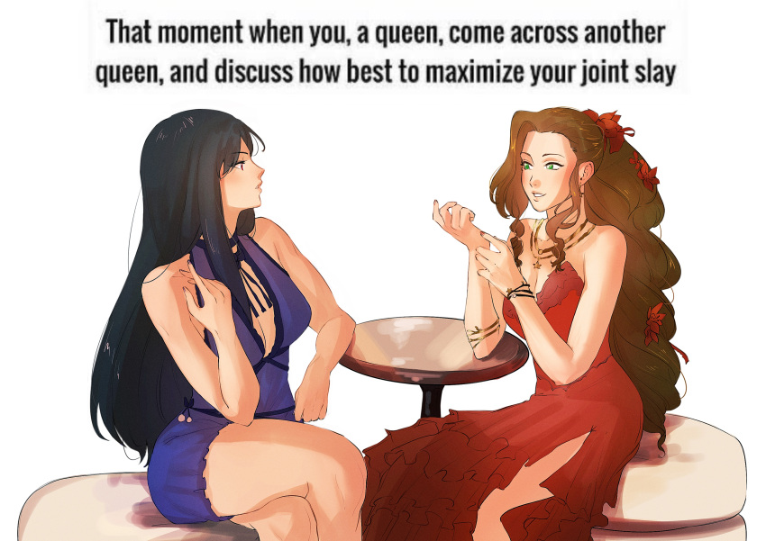 2girls absurdres aerith_gainsborough bare_shoulders breasts brown_hair cleavage commentary crossed_legs dress english_text final_fantasy final_fantasy_vii final_fantasy_vii_remake green_eyes highres jewelry long_hair meme multiple_girls multiple_necklaces necklace origussy parted_lips purple_dress red_dress side_slit simple_background sitting smile star_(symbol) star_necklace table teeth tifa_lockhart white_background