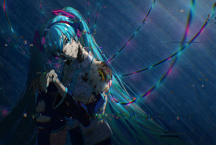 1girl android aqua_eyes aqua_hair aqua_necktie barcode black_skirt black_thighhighs cable collared_shirt damaged detached_sleeves discover5 glitch hatsune_miku head_tilt headphones highres knee_up long_hair looking_at_viewer necktie own_hands_together parted_lips shirt sitting skirt sleeveless sleeveless_shirt solo thighhighs twintails vocaloid white_shirt