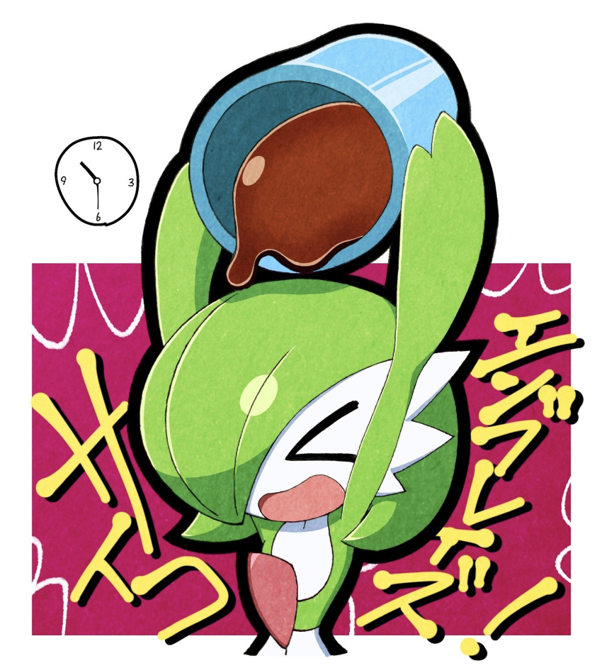 arms_up bob_cut bucket chocolate clock closed_eyes colored_skin envi55109095 gardevoir green_hair highres holding holding_bucket multicolored_skin open_mouth pokemon pokemon_(creature) shouting two-tone_background two-tone_skin wall_clock white_skin