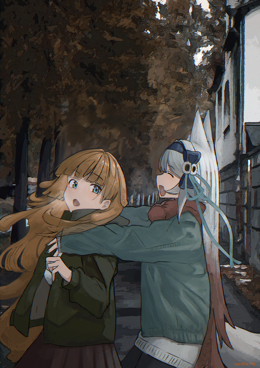 2girls :d :o absurdres animal_ears blue_eyes blue_hairband blunt_bangs breath brown_hair brown_skirt character_request closed_eyes cowboy_shot fox_ears green_jacket grey_hair hairband highres jacket kurou_satsuki long_hair long_sleeves multicolored_hair multiple_girls open_clothes open_mouth outdoors pleated_skirt ponta_(matsuokazieg) profile scarf sidewalk skirt smile standing sweater tail tree very_long_hair virtual_youtuber wolf_ears yuri zero_project