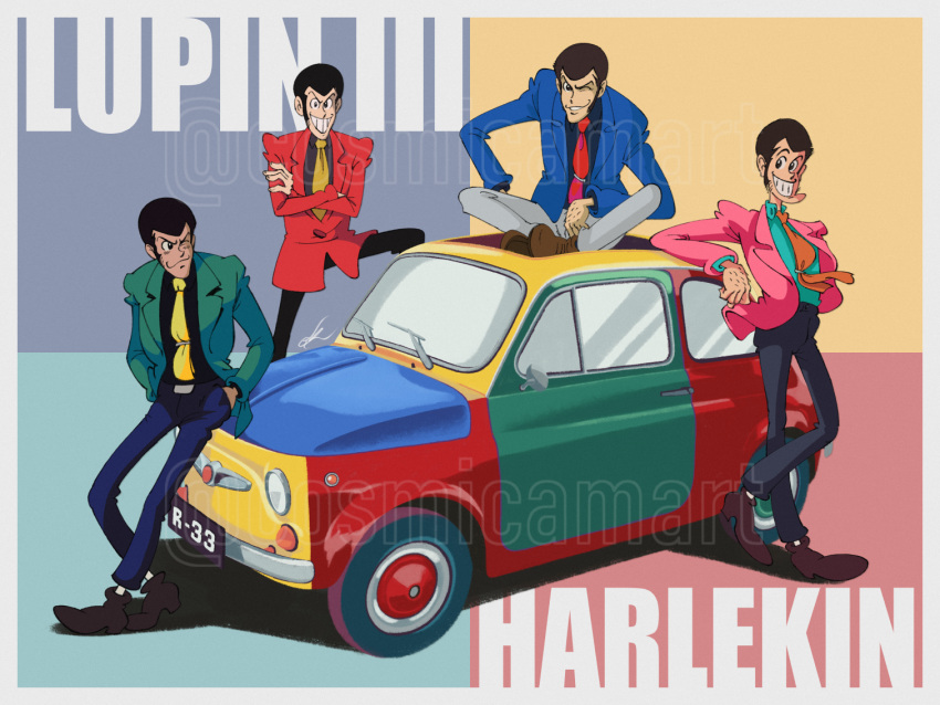 arm_hair arsene_lupin_iii black_hair black_pants blue_jacket blue_pants car closed_mouth cosmicam crossed_arms english_commentary english_text fiat_500 green_jacket hands_in_pockets in-franchise_crossover jacket kneeling looking_at_viewer lupin_iii motor_vehicle necktie one_eye_closed orange_necktie pants pink_jacket red_jacket red_necktie sitting smile smirk standing watermark yellow_necktie