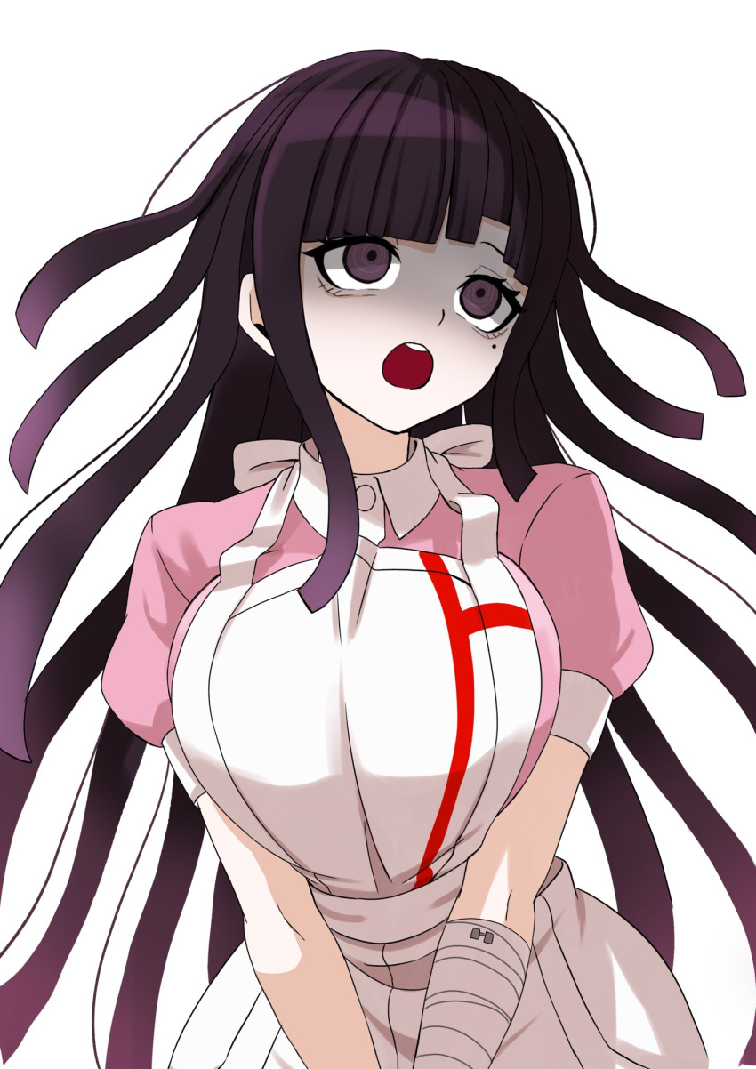 1girl apron bandaged_arm bandages black_eyes black_hair breasts collared_shirt danganronpa_(series) danganronpa_2:_goodbye_despair highres large_breasts long_hair mole mole_under_eye mozuku_(iiiiiiimomo) pink_shirt puffy_short_sleeves puffy_sleeves shaded_face shirt short_sleeves simple_background solo teeth tsumiki_mikan two-tone_shirt upper_teeth_only white_apron white_background