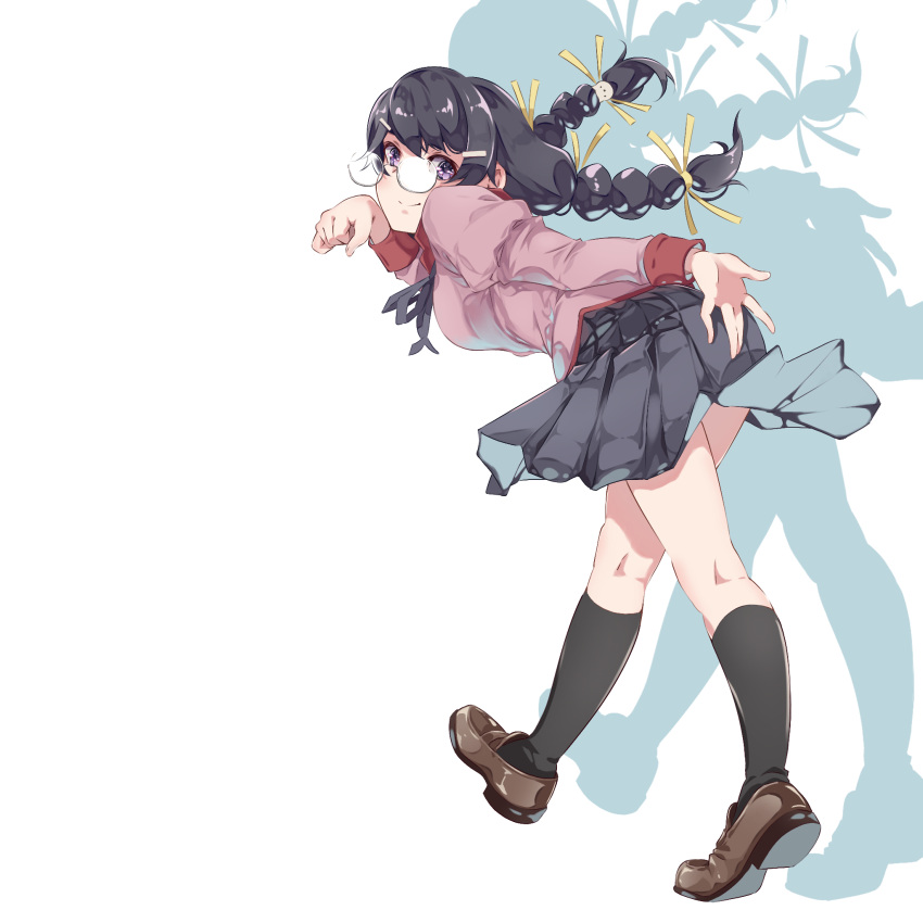 1girl bakemonogatari black_hair black_socks braid breasts brown_footwear closed_mouth drop_shadow full_body glasses hair_ornament hairclip hanekawa_tsubasa hatanana highres juliet_sleeves kneehighs loafers long_hair long_sleeves looking_at_viewer looking_back monogatari_(series) naoetsu_high_school_uniform paw_pose pink_shirt pleated_skirt puffy_sleeves purple_eyes ribbon school_uniform shirt shoes simple_background skirt smile socks solo twin_braids white_background